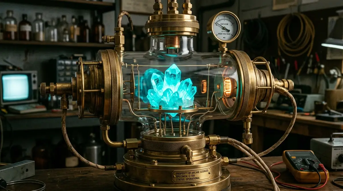 A cluster of glowing cyan crystals housed inside a complex brass and glass vacuum tube.