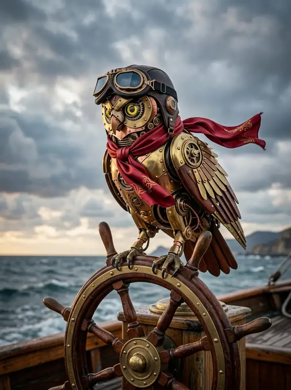 A mechanical owl made of shiny brass and rich mahogany wood, wearing large leather aviator goggles and a red silk scarf, standing on a ship's steering wheel against a cloudy sky background.
