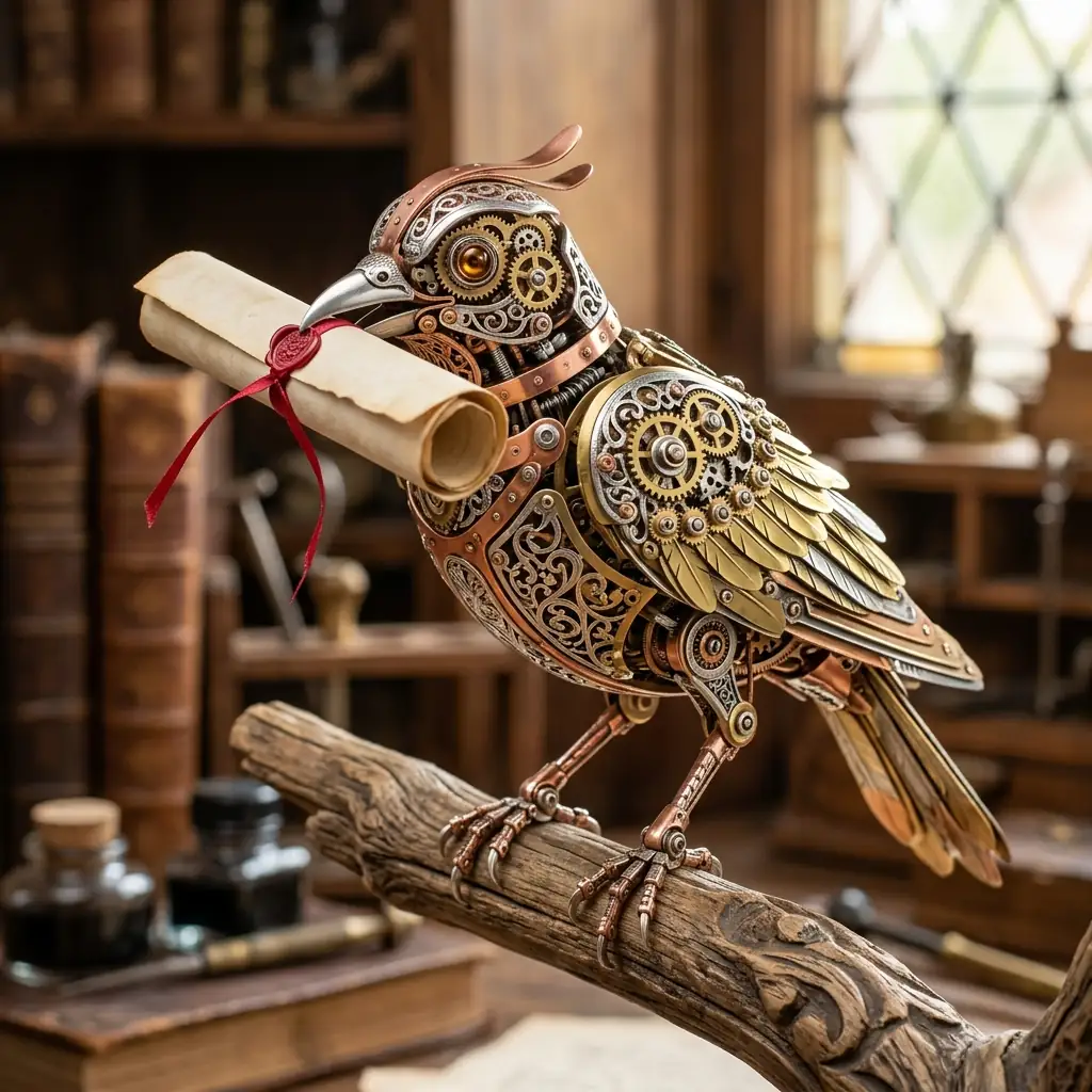 A delicate mechanical messenger bird made of copper and silver, carrying a rolled parchment letter in its beak.